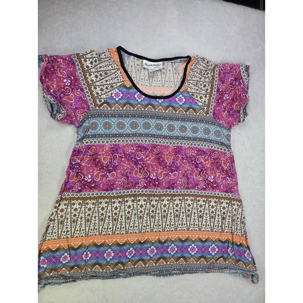 NorthStyle Womens L Boho Patchwork Paisley  Top Rayon Colorful Artsy